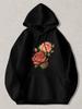 Black Pullover Hoodie with Vintage Rose Floral Print Long Sleeve Sweatshirt with Kangaroo Pocket And Drawstring Hood Casual Street