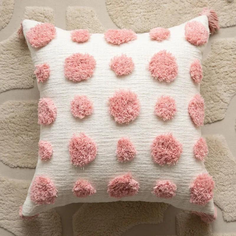 New Tassel Throw Pillow, Living Room Sofa, Modern Pink Wave Dot Pillow, Square Pillow Cover