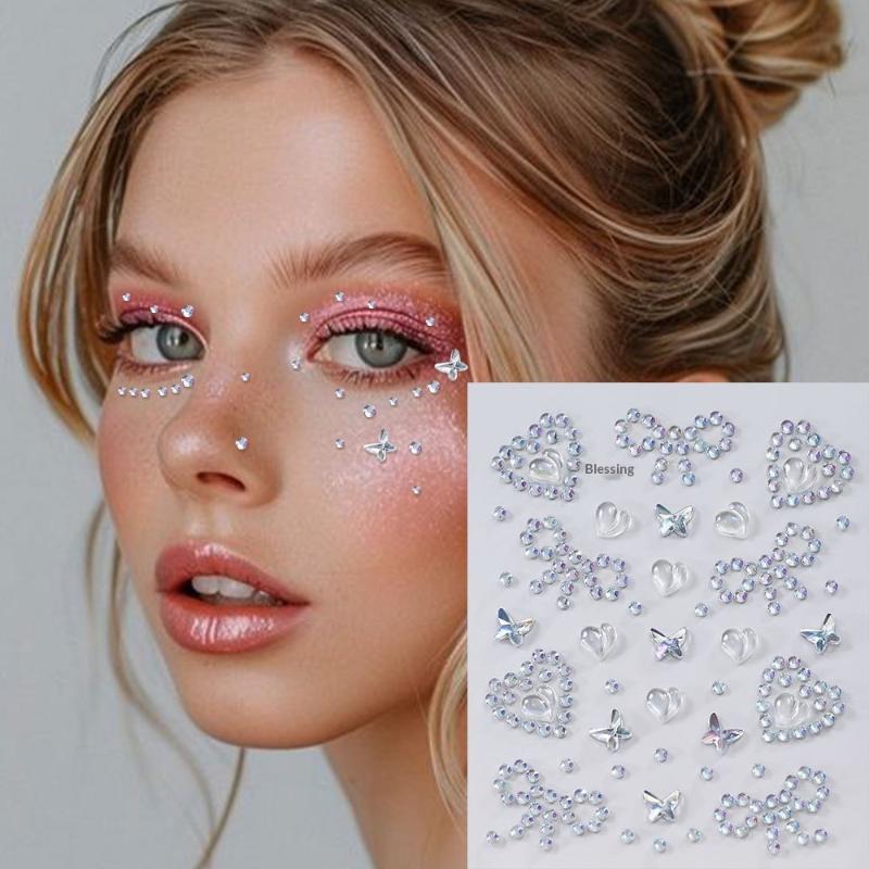 1Pcs Self-Adhesive Face Gems Stickers Rainbow Butterfly Bowknot Rhinestone for Clubbing Night Out Makeup