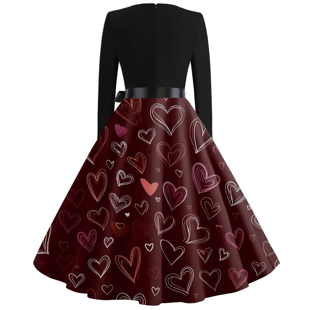 Print Flare Dress For Women Long Sleeve Dress Hollow Party Casual Dresses