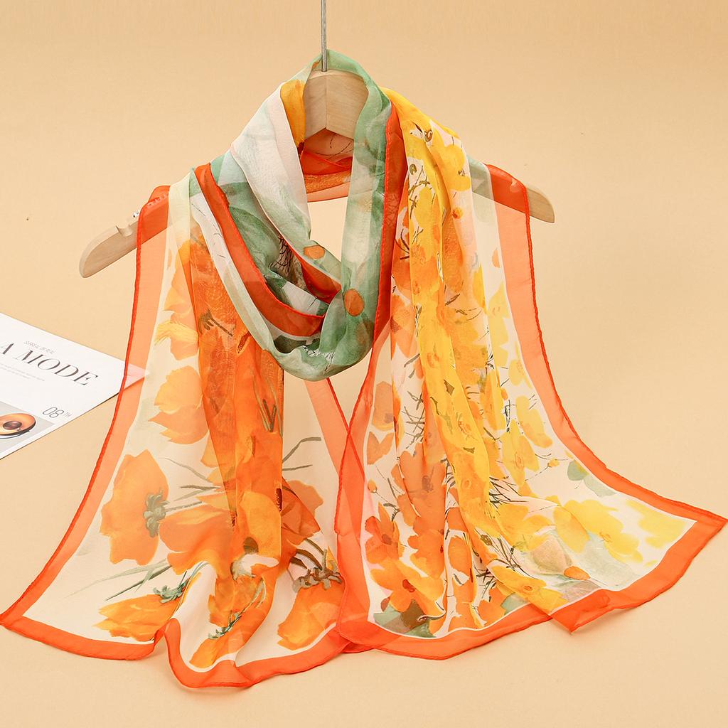 Georgette Floral Printed Shawl Chiffon Silk Scarf Lightweight Neck Scarf Summer Neck Sun Protection Silk Scarf Shawl 160*50cm