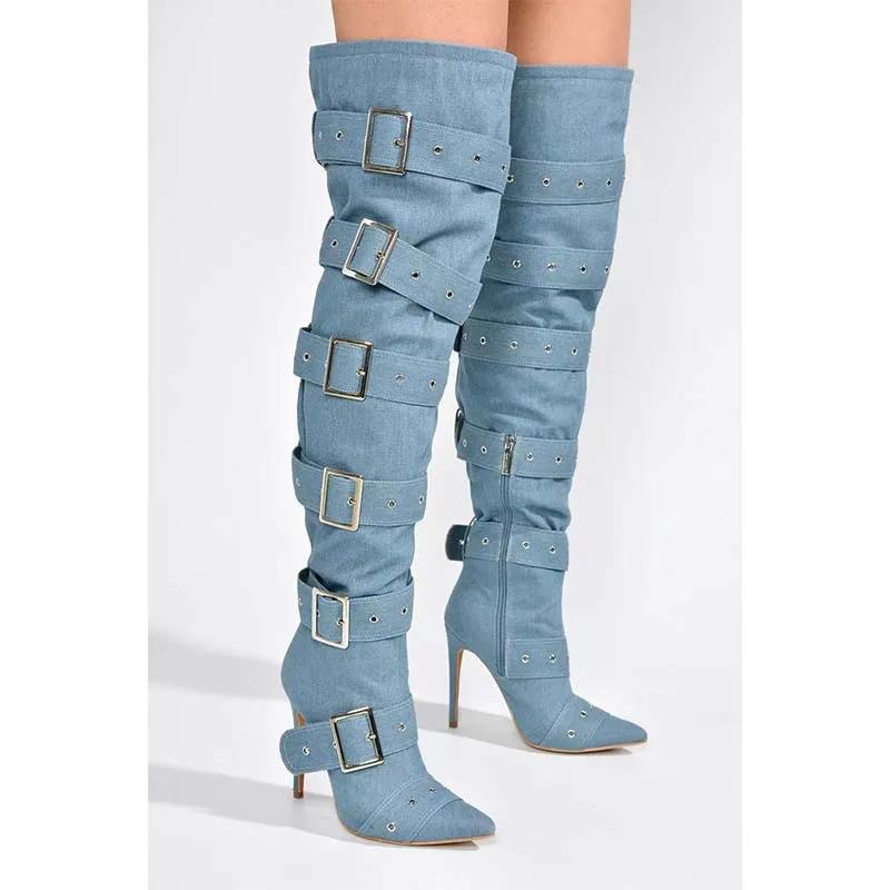Blue Denim Sexy Sliver Buckled Thigh High Boots Women's Black Leather Pointed Toe High Heels Long Boot Luxury Design Party Shoes