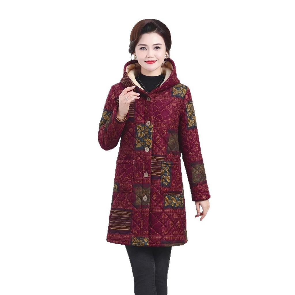 Mid-length Hooded Plus-Size Velvet Thickened Winter Coat for Middle-aged and Elderly Women