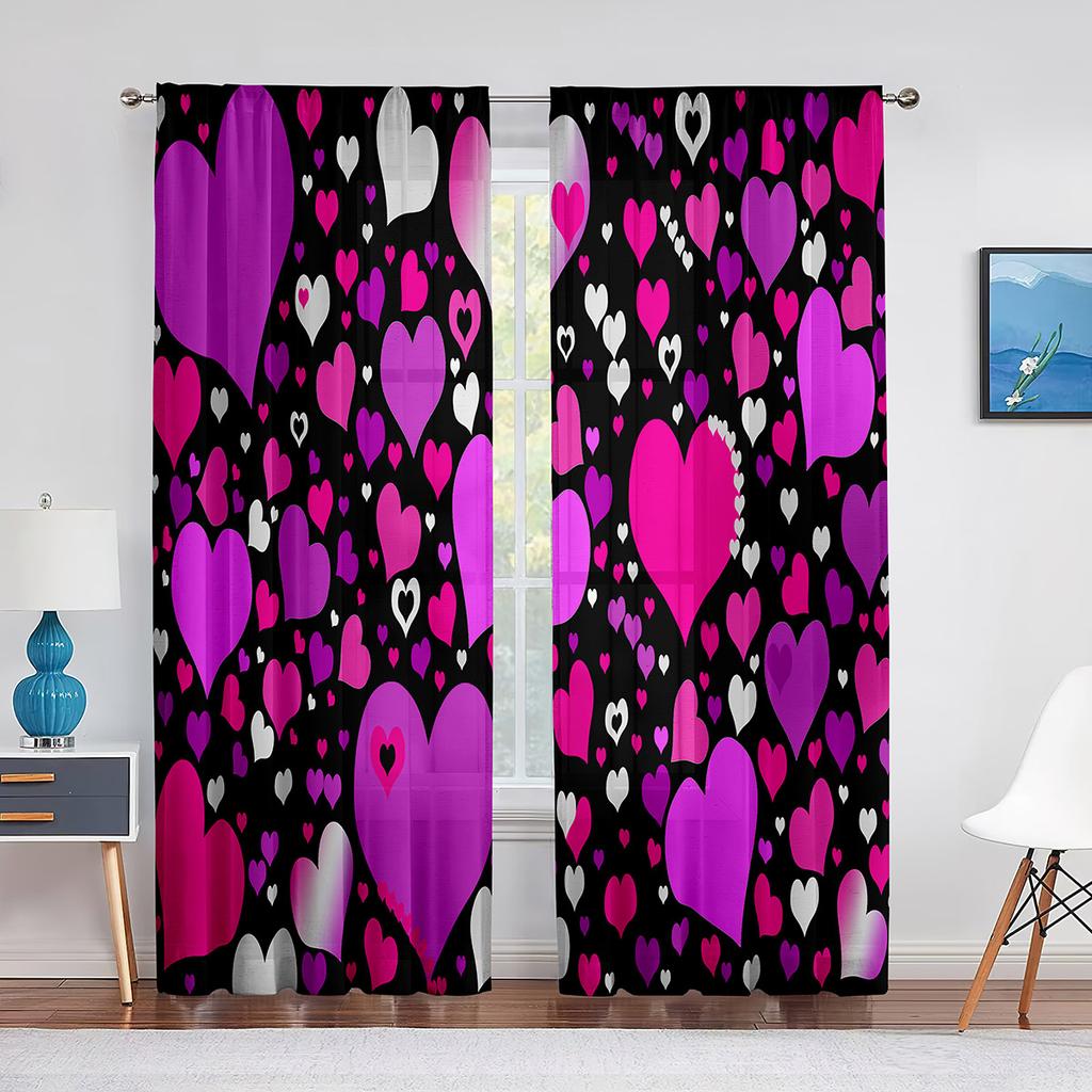 Valentine's Day with Love Hearts Pink Sheer Voile Curtains for Living Room Bedroom Kids Room Decor Tulle Window Treatment Drapes
