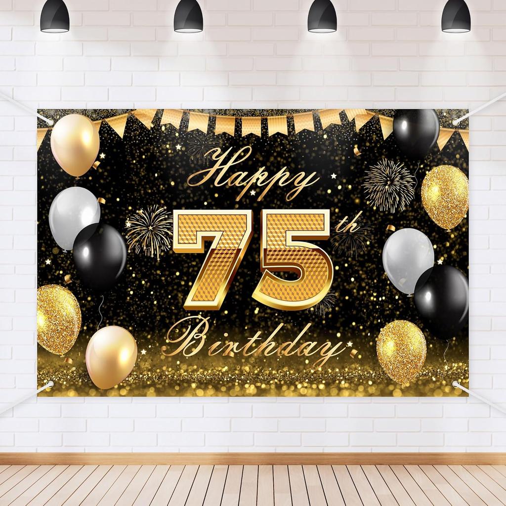 Black Gold Happy Birthday Backdrop Banner Glitter Black Gold Theme Photography Photo Prop Background Decor for Men Women Boys Girls Celebration