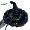 Spooky Festival Accessories Halloween Witch Hat for Women, Large Black Velvet Wizard with Party Favors Mesh Ruffle Brim Adults Costume, Cosplay