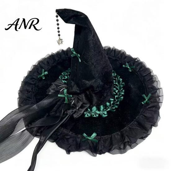 Spooky Festival Accessories Halloween Witch Hat for Women, Large Black Velvet Wizard with Party Favors Mesh Ruffle Brim Adults Costume, Cosplay