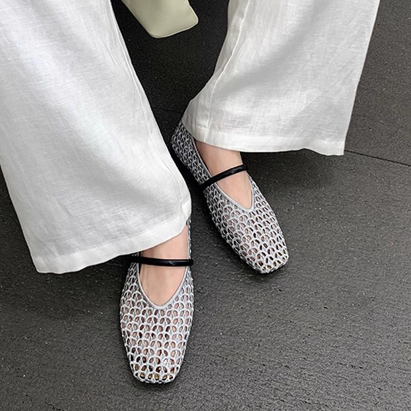 French Square Head Hollow Woven One-word Belt Versatile Soft Surface Mary Jane Single Shoes Women's Summer Hollow Mesh Sandals Women's
