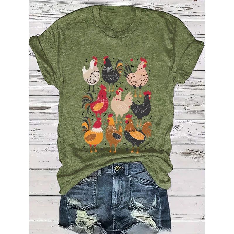 Zomerse Dames T-shirt met Kippenprint, Nauwsluitend, Ronde Hals