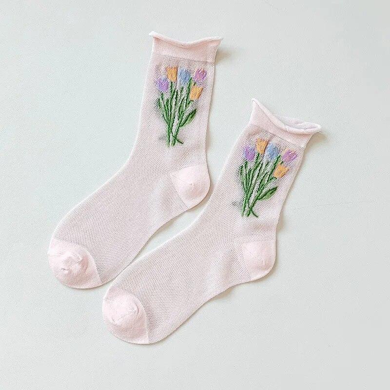 Calzini estivi in pizzo e rete con volant Calzini a rete traforata sottilissimi Calzini giapponesi coreani in cotone caldo con fiori carini Jacquard Calzini alla moda