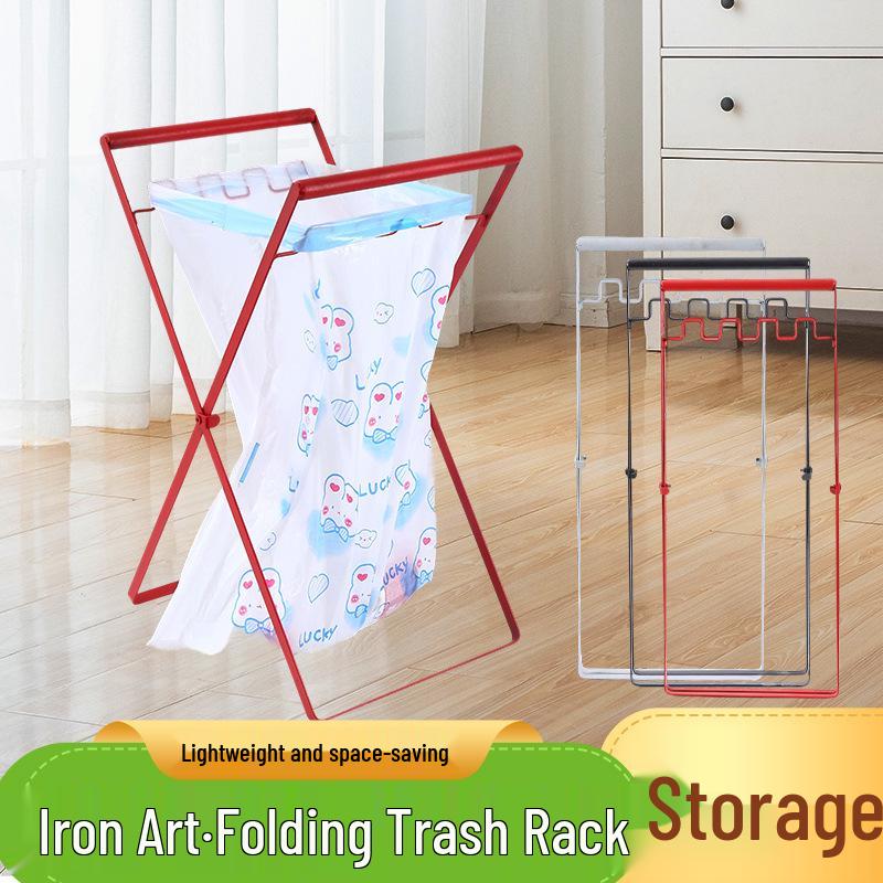 Portable Folding Trash Rack with Wooden Handle for Kitchen and Camping