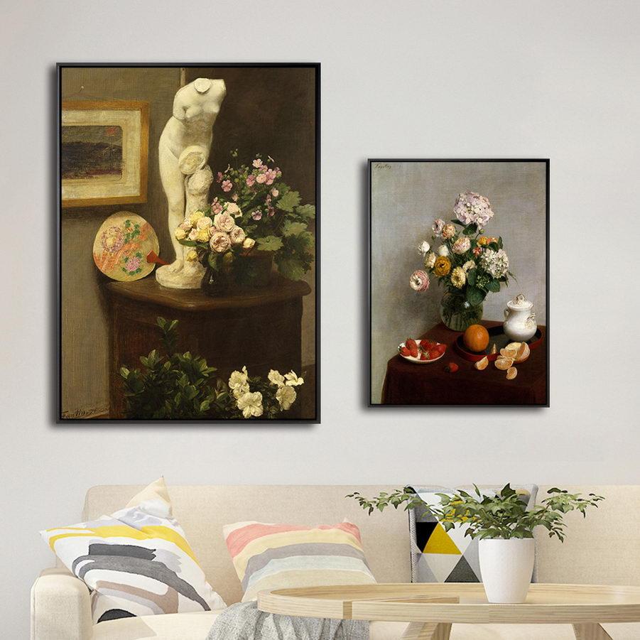 Pictură în ulei pe pânză Floare Vinatge Artă de perete Decor pentru casă Print Pânză Imagini de perete Poster Fantin-Latour Flori Francez Fără ramă
