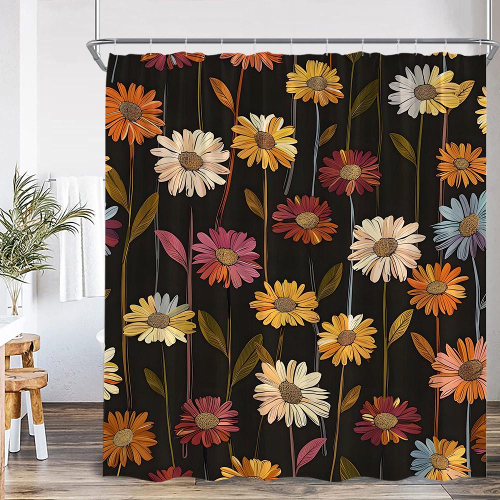 Watercolor Floral Shower Curtain Daisy Herb Plant Flower Botanical Bathroom Decor Modern Dark Polyester Bath Curtain With Hooks