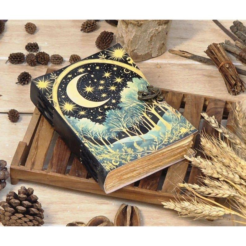 Grimoire Leather Journal, Print Tree of Life Journal, Blank Spell Book of Shadows Celestial leather journal Gifts For Him Her