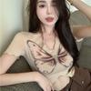 Summer Unique Chic Design Sense Niche Butterfly Print Short-sleeved T-shirt Female Pure Desire Hot Girl Tight V-neck Short Top