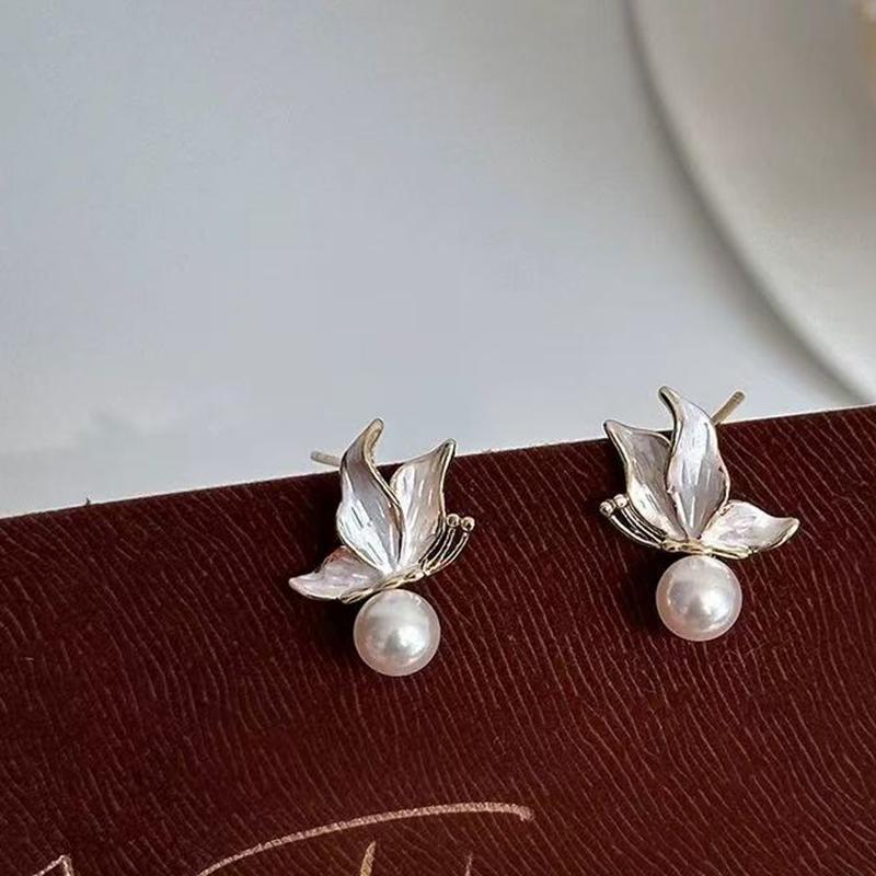 

Silver Needle Oil-Drop Leaf Pearl Earrings, Women S Elegant Pearl Stud Earrings Fashion Jewelry Gift