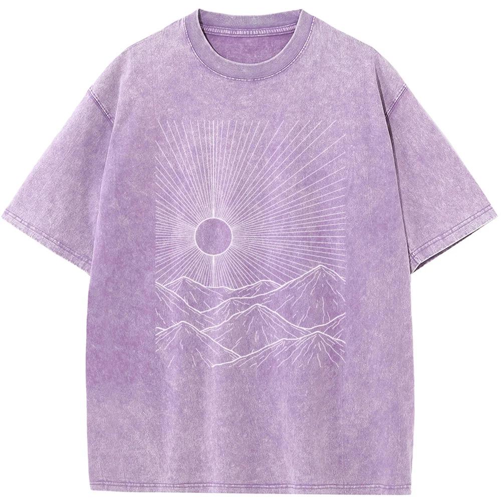 Outdoor Linear Peak Print Unisex Washed T-Shirt Cotton Summer Bleached Tshirt Funny Casual Loose Bleach Tee