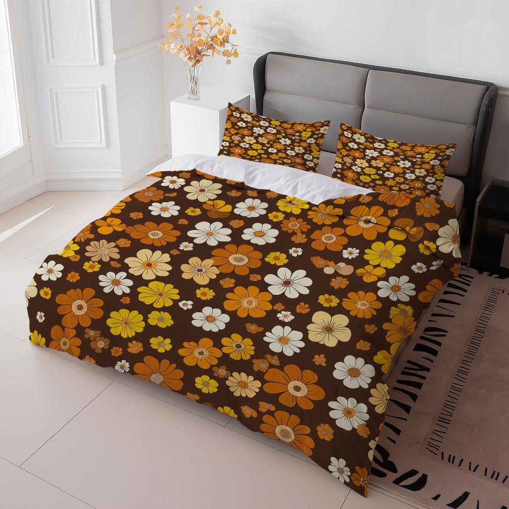 3Pcs Retro Floral Duvet Cover Set,Brown Orange Flower Print Polyester Bedding With Pillowcases,Machine Washable All Season