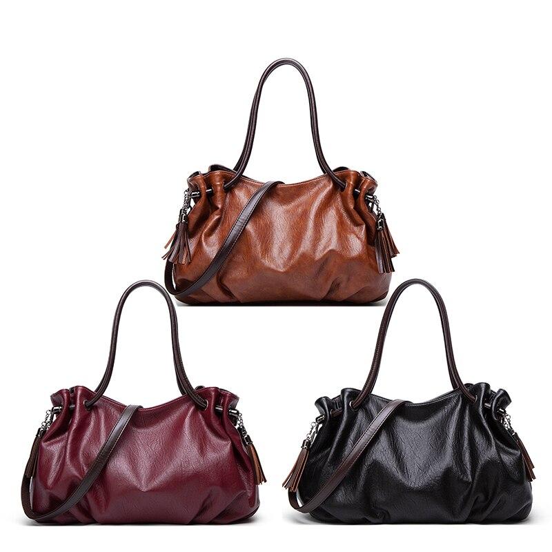 2021 Vintage Fashion High Capacity Tote Handbag Soft Leather Female Bag Casual Pleated Shoulder Bag Tassel Design Bag for Women