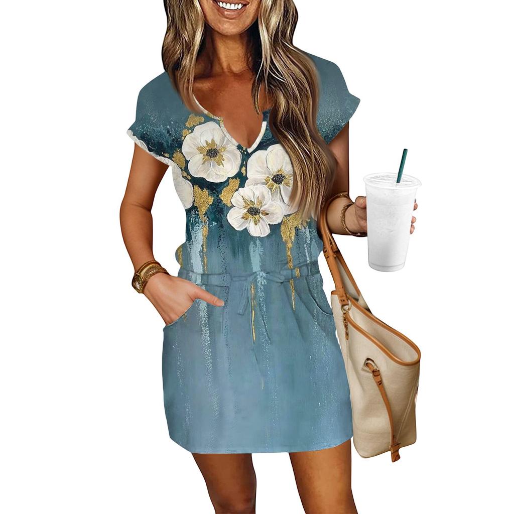 Women's Summer V-Neck Short Sleeve Drawstring With Pocket Floral Print Casual Dresses