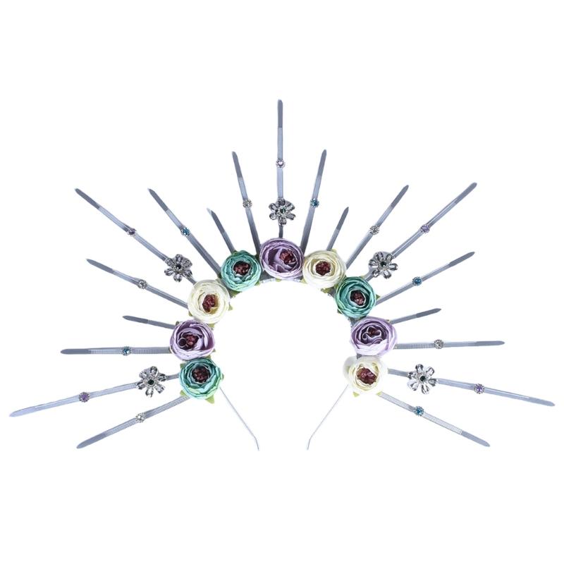 Elegant Rose Flower Hair Hoop Adjustable Size Sunbursts Headband with Rhinestones Comfortable Hairband Party Ornament