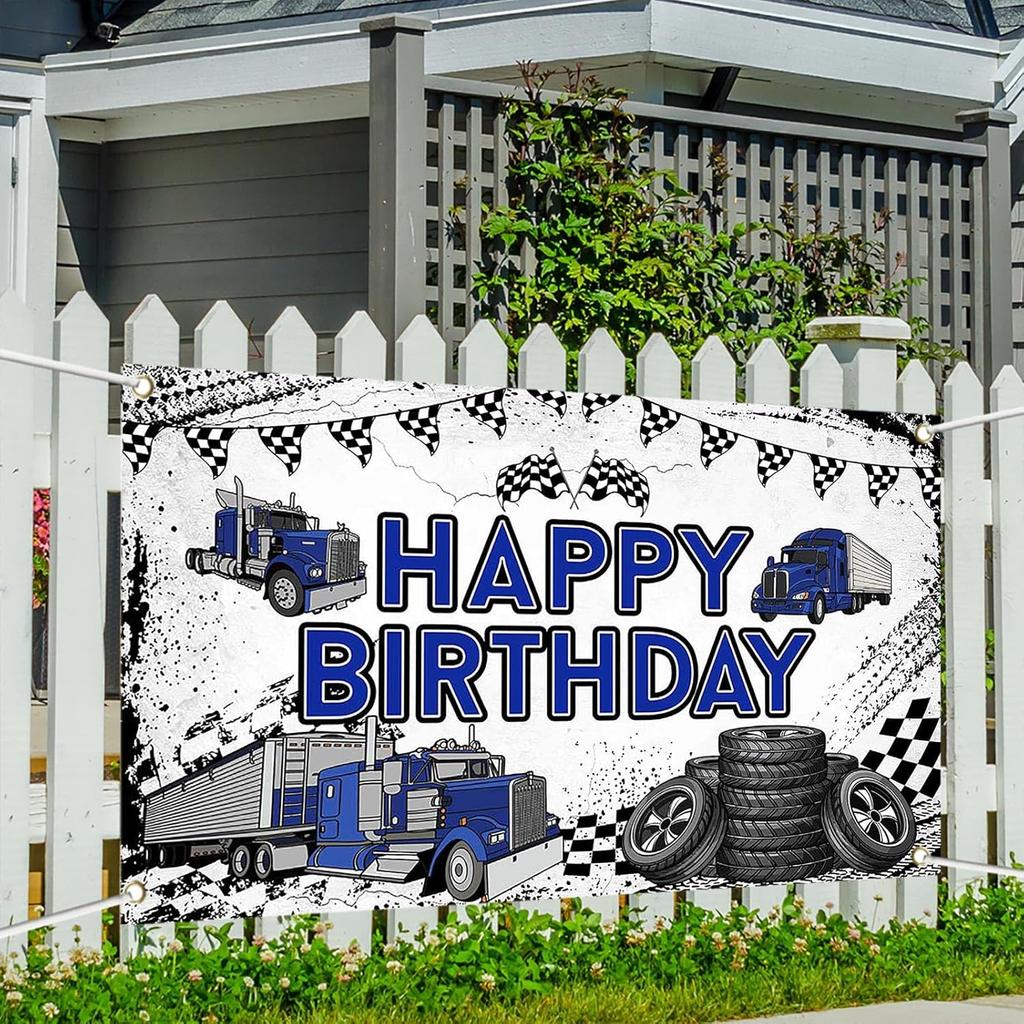 Truck Theme Birthday Banner, 70.8x43.3 Inch, Blue Happy Birthday Party Decoration, Polyester Material, Realistic Truck Design
