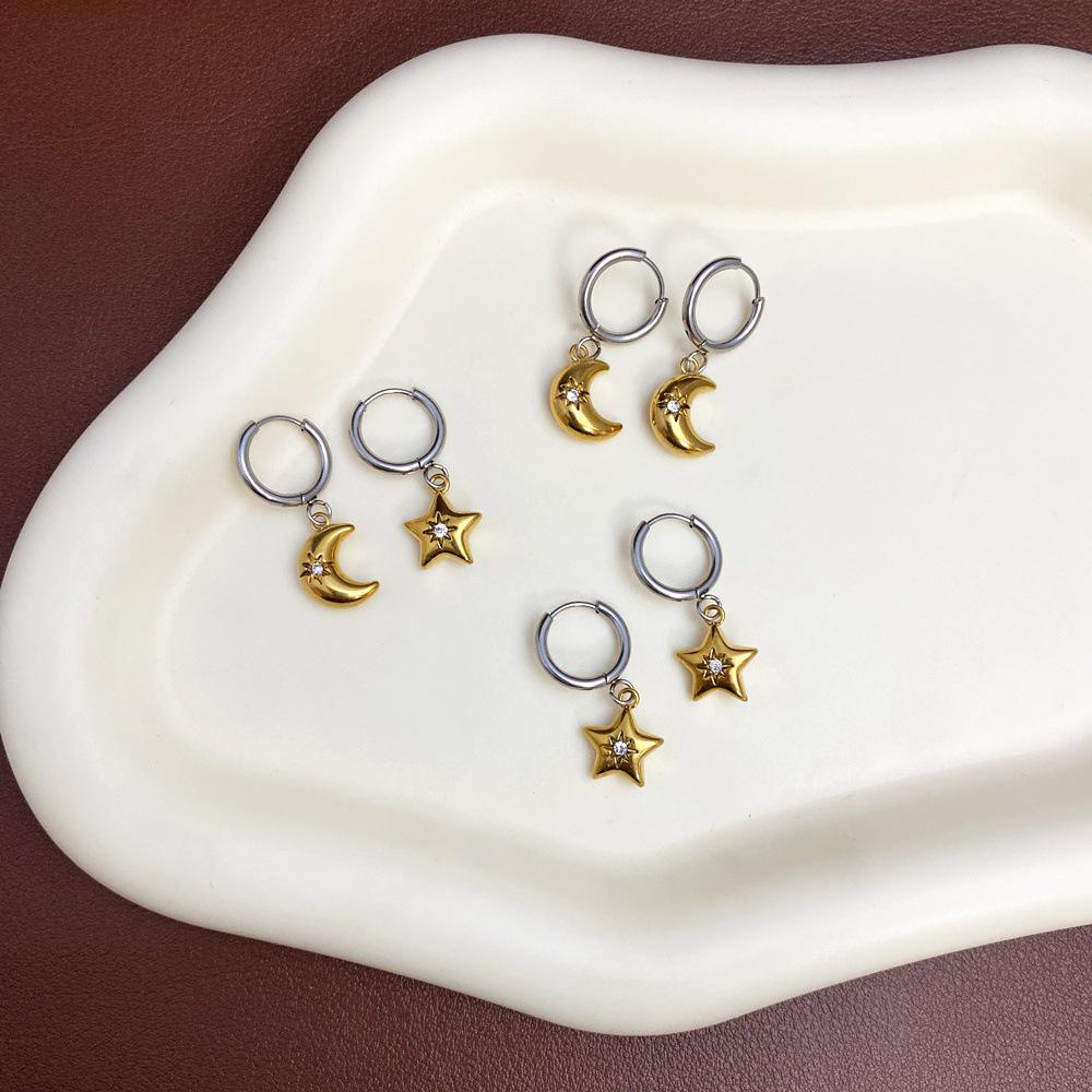 Borderless Fashion Star and Moon Two-Color Earrings: Gold-Plated Stainless Steel Silver Design Jewelry