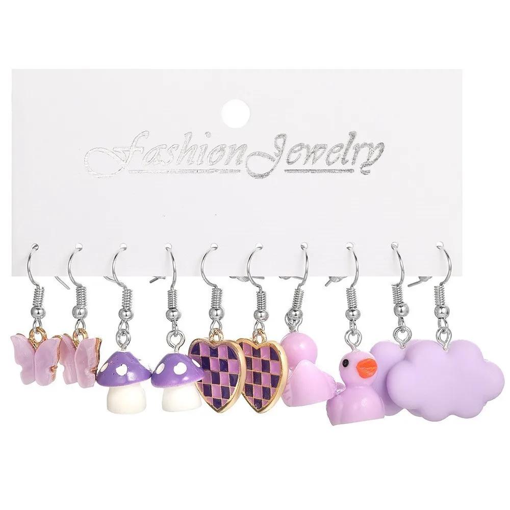Sweet Pink Cartoon Duck Earrings Set Cute Romantic Animal Butterfly Heart Dangle Earrings for Women Girls Trendy Jewelry Gift