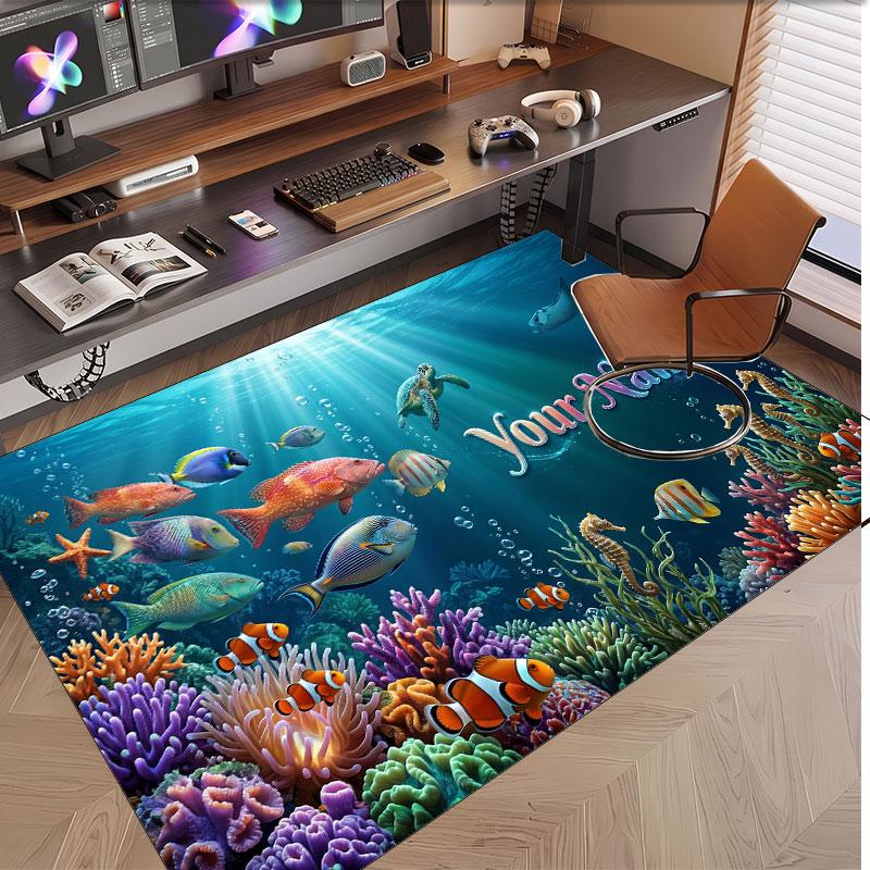 Fish Ocean Theme Soft Crystal Velvet Rug Custom Name & Text Print Non Slip Floor Rug for Bedroom Living Room