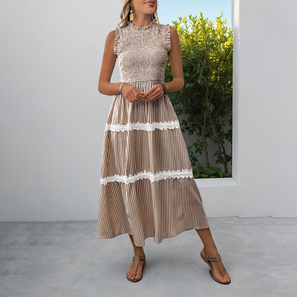 New Sweet Casual Lace Ruffled Trim Sleeveless Striped Summer Dress