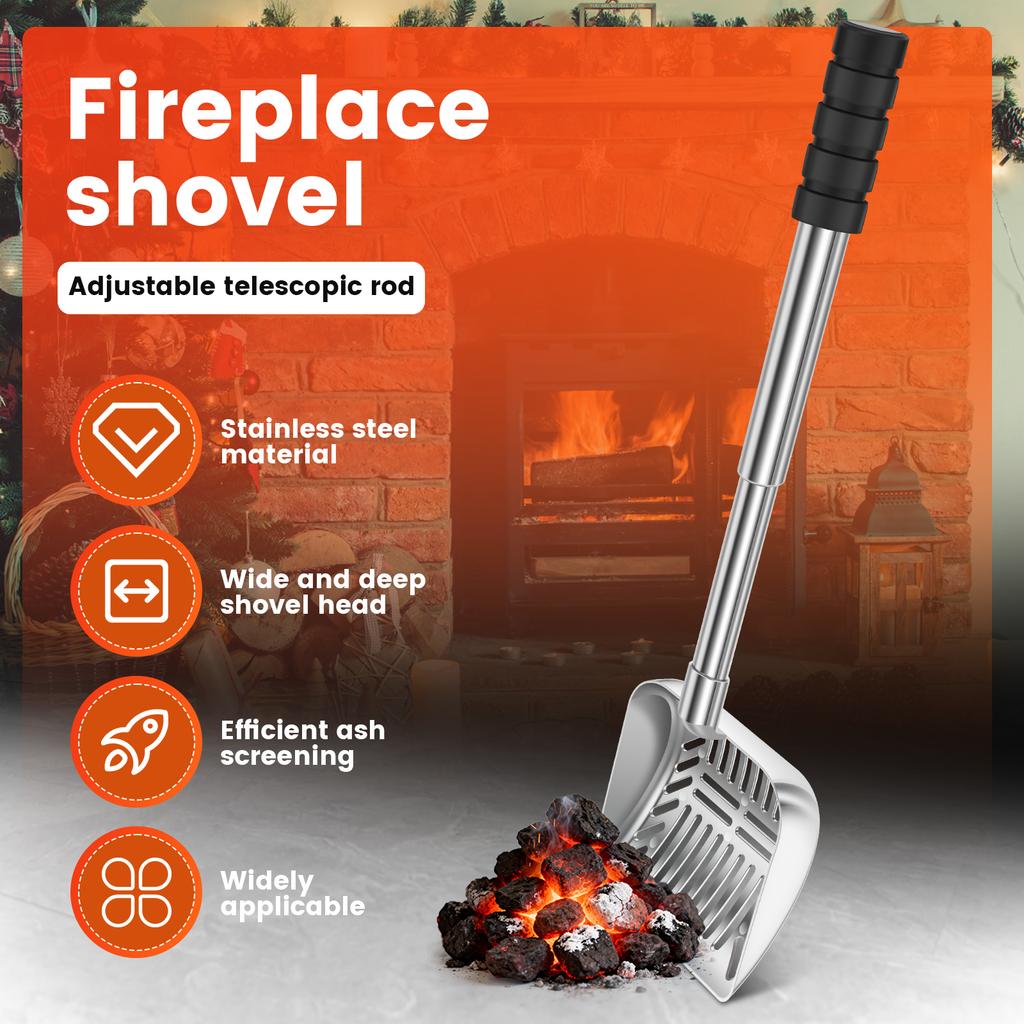 Adjustable Fireplace Shovel 41.5-52.5 CM Retractable Stainless Steel Fire Pit Shovel with Hollowed Out Sieve Mesh Cleaning Tools