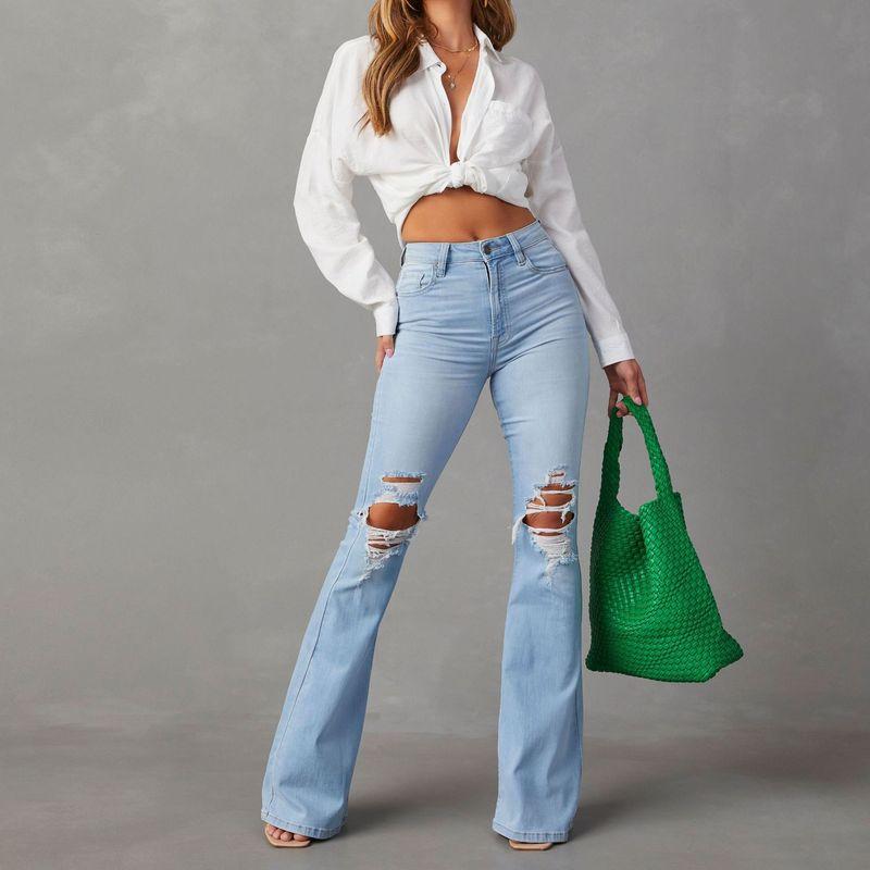 

Ripped Jeans2025 New European and American High Waist Ripped Jeans Women clothes Street Gyaru Flared Trousers Light Blue S