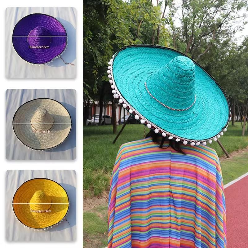 Mexican Party Hat Colorful Wide Brim Straw Hat Men Women Outdoor Carnival Halloween Decor Kids Cosplay Performance Hat Sombrero