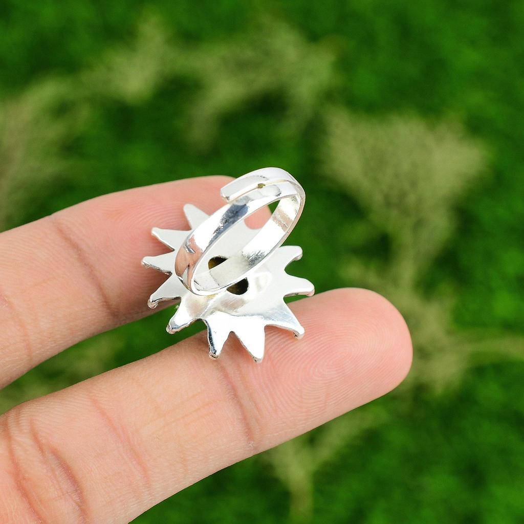 Natural Tiger'S Eye Gemstone Stackable Flower Yellow Adjustable Ring 925 Silver