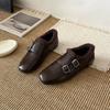 Retro Engraved Shoes Women's Winter New Velvet Double Buckle Belt Small Leather Shoes Soft Sole Single Shoes