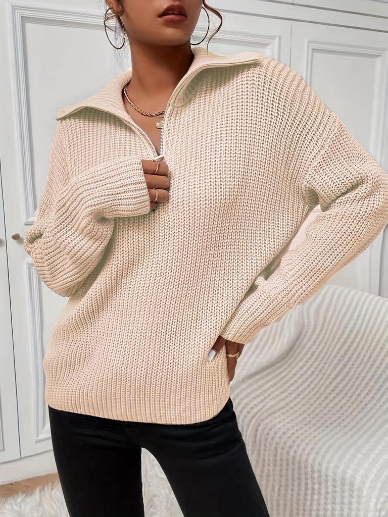 Plus Size V-Neck Turn-Down Collar Long Sleeve Knitted Sweater - Women's Casual & Versatile Ribbed Fashion for Autumn/Winter.