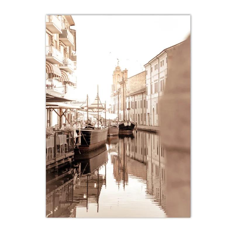 Beige Landscape Sunset Bridge Poster Seaside Canvas Print Painting Reed Flower Bird Wall Art Nordic Living Room Decoration Mural