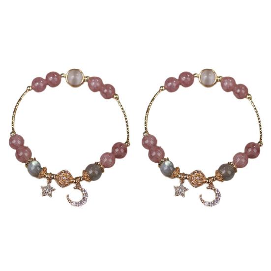 1 Pair Women Bracelet Smooth Bead Faux Agate Polished Star Moon Pendant Rhinestone Adjustable Shopping Work Party Dating Wrist Chain Lady Jewelry