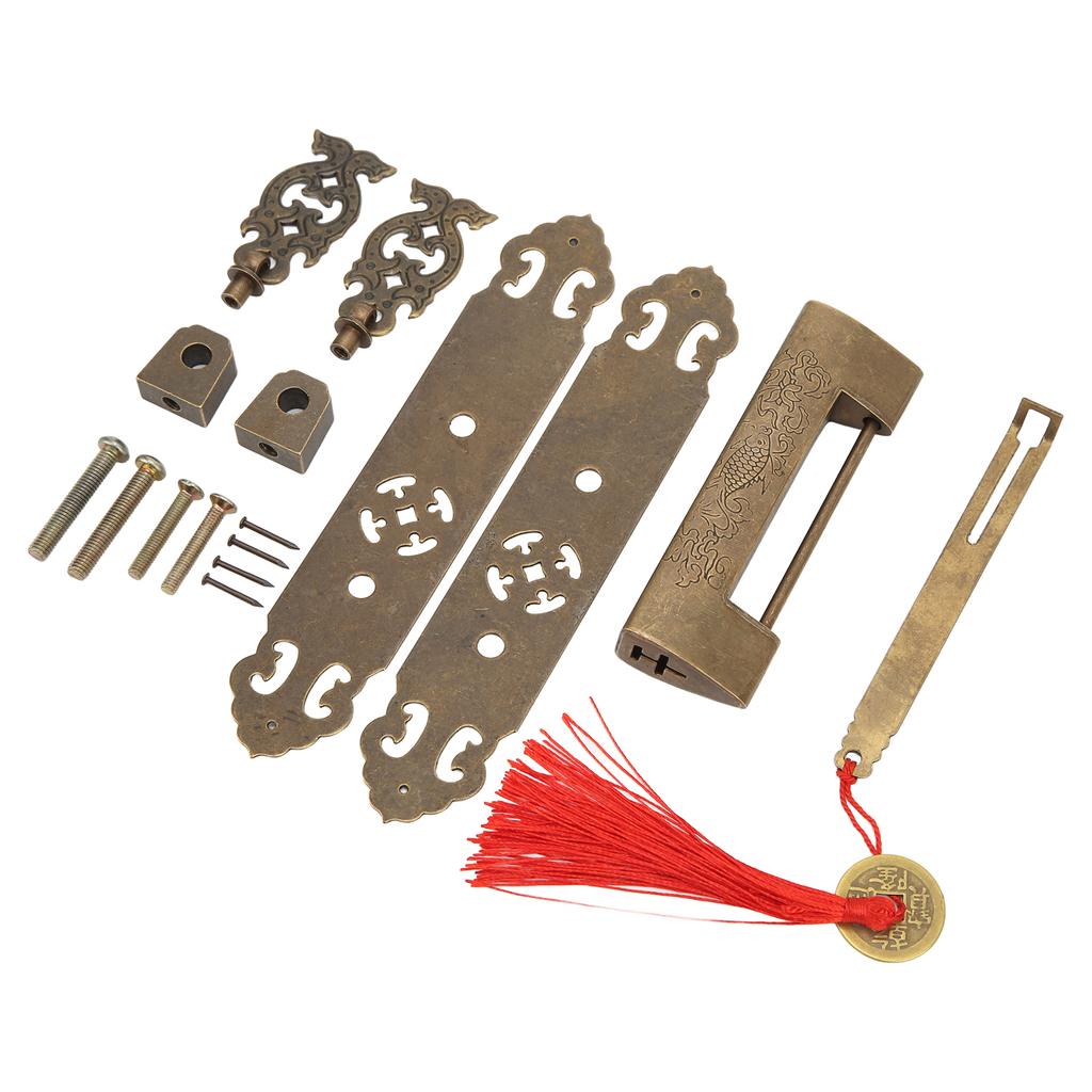 Starožitná sada klik zámků Čínský vintage styl Bronzová barva Mosaz Kabinet Zadní deska Pásky Úchyty Sada pro bedny na nářadí