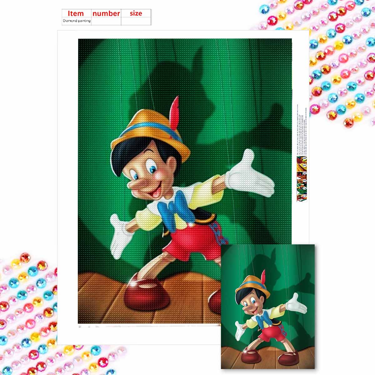 

5D Diy Diamond Painting Pinocchio Under The Green Curtain Full Drill Rhinestones Mosaic Embroidery Handmade Products Home Decor Gift Round 20x30cm
