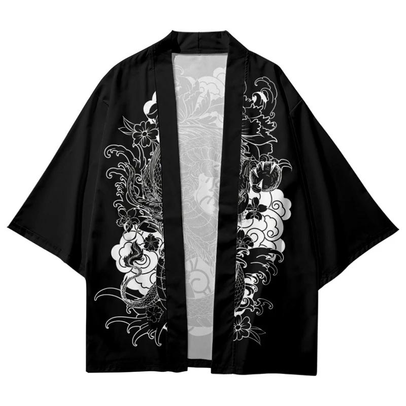 Dragon Print Loose Cardigan for Men and Women Japanese Streetwear Harajuku Haori Kimono, Cosplay Top Shirts
