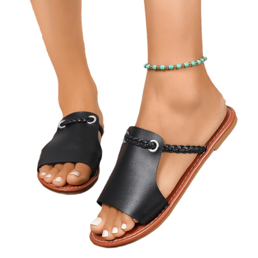 Large Size Summer New, Solid Color, Woven Simple Daily Retro Style Open-toed Beach Cool Slippers Sandals