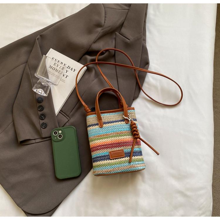 IELGY Straw Messenger Bag Striped Portable Mobile Phone Bag