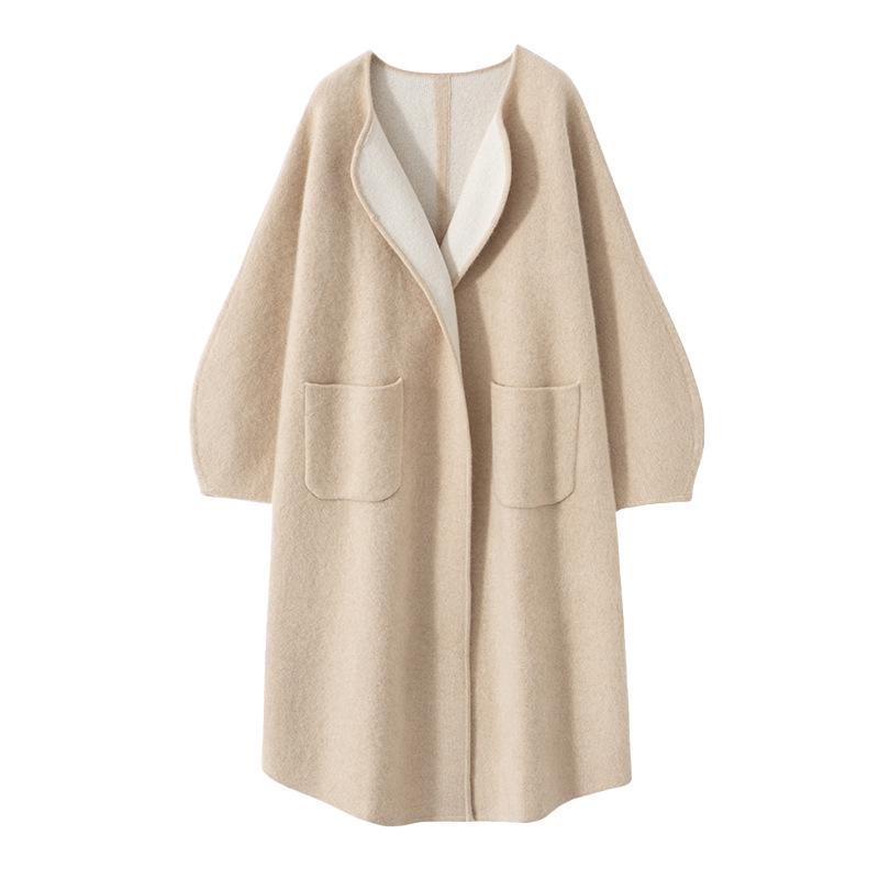 Versatile Cashmere Long Coat: Round Neck, Buttonless, Mid-Length, Stylish and Casual, Long-Sleeved Outerwear for Autumn/Winter.