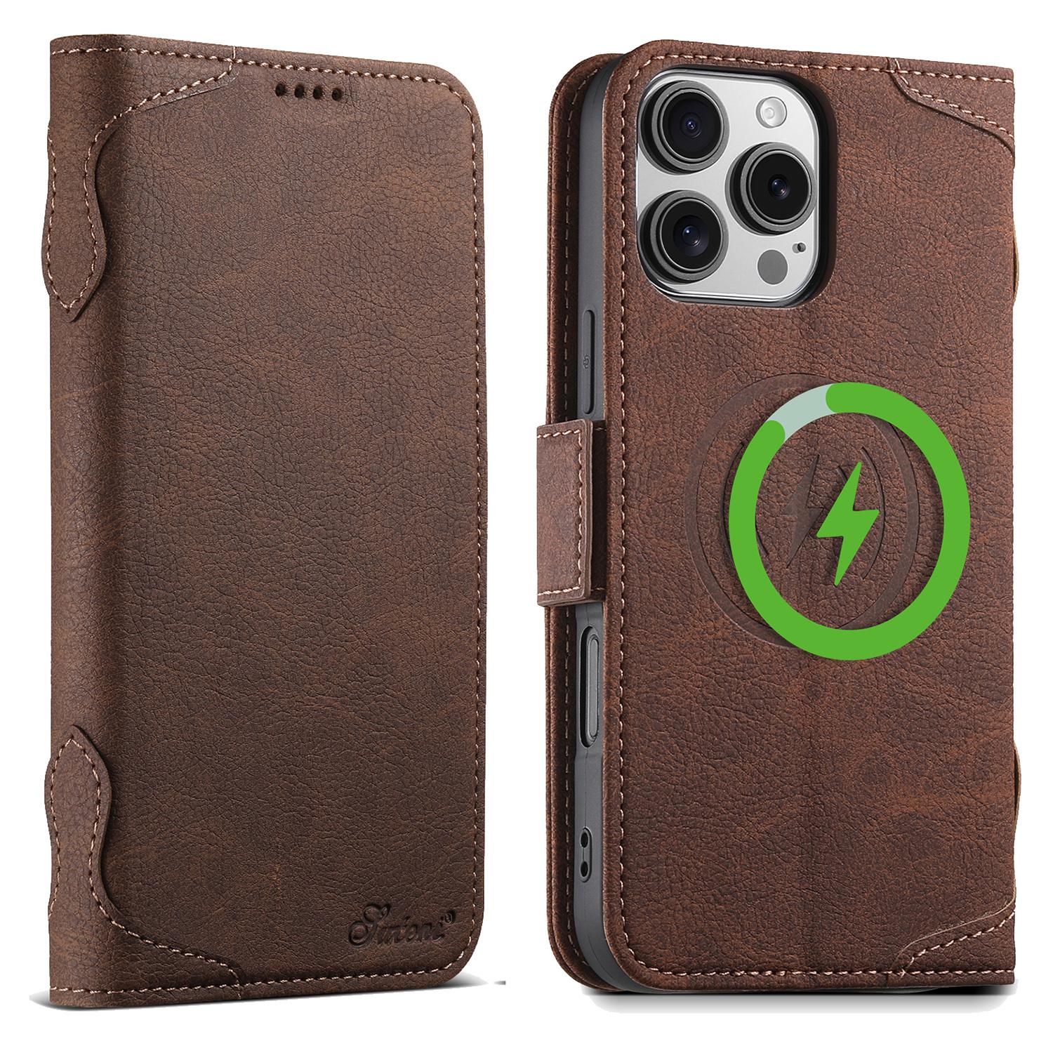 

SUTENI J07 For iPhone 16 Pro Max Case Compatible with MagSafe Litchi Texture Leather Wallet Phone Cover Brown