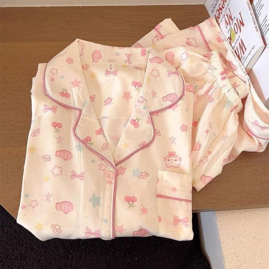 

Summer new cute Hello Kitty pajamas women s cardigan short-sleeved shorts set Japanese casual can be worn outside loungewear S