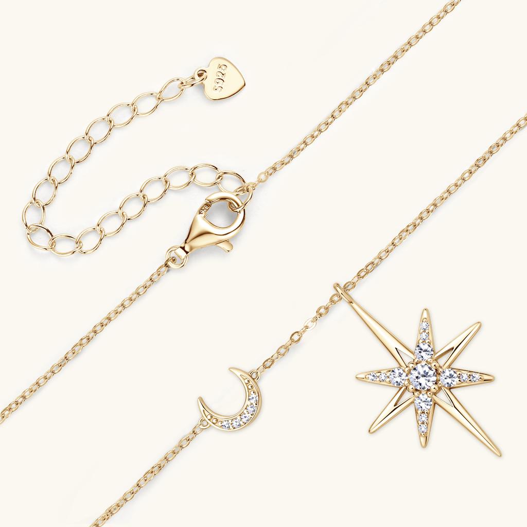 Silver Full Moissanite Necklace for Women 18K Gold Plated Star&Moon Pendant Necklace Choker Chain Fine Jewelry Gifts