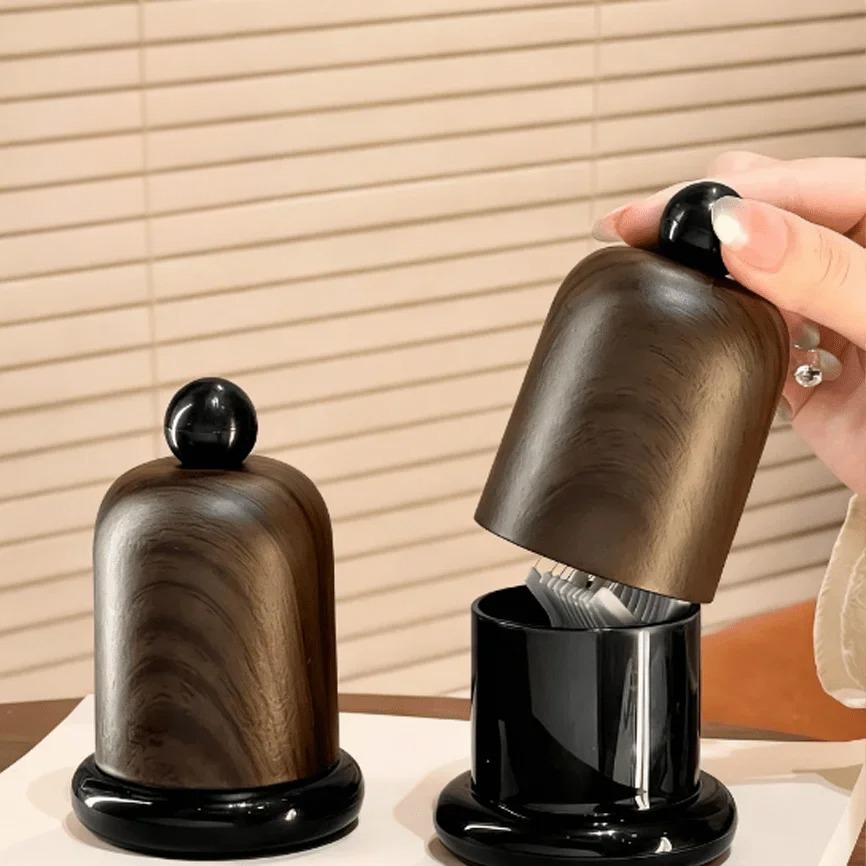1Pc Elegant Walnut Wood Toothpick Holder with Ball Top - Solid Wood Design, High-End Decor for Living Room & Kitchen, Portable
