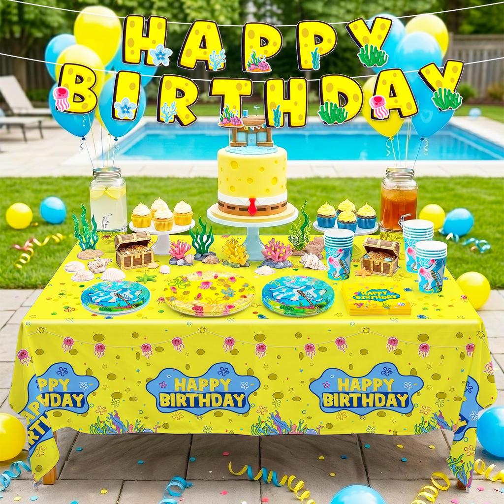 16 Guests Cartoon Sponge Birthday Decorations, Yellow Square Sponge Party Plates, Under the Sea Party Supplies, Pineapple Party Plates