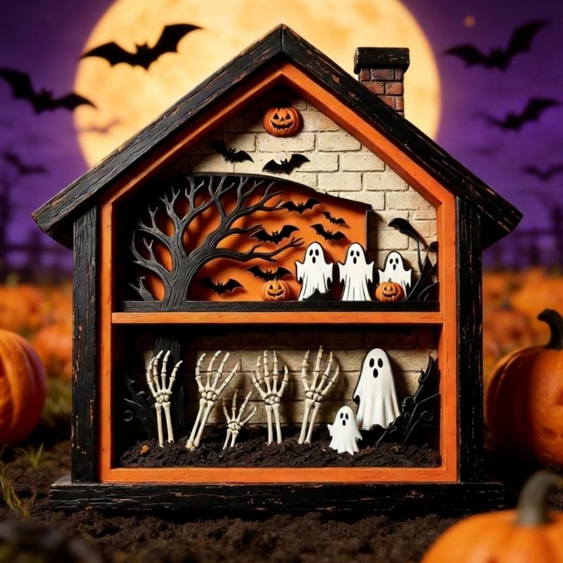 Ghostly Table Signs Halloween Table Centerpieces Tiered Tray Decors Wooden Halloween House Scene Accent for Shelf Use, Standing Indoor Display Piece